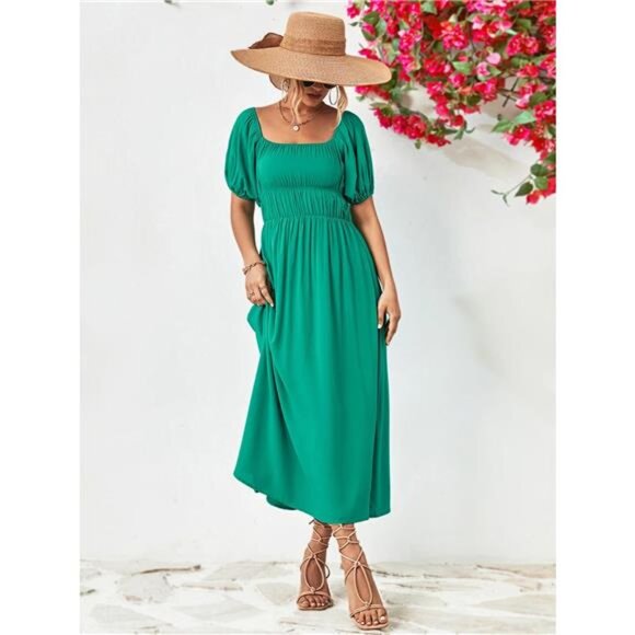Off-Shoulder Puff Sleeve Smocked Maxi Dress - Picture 1 of 16